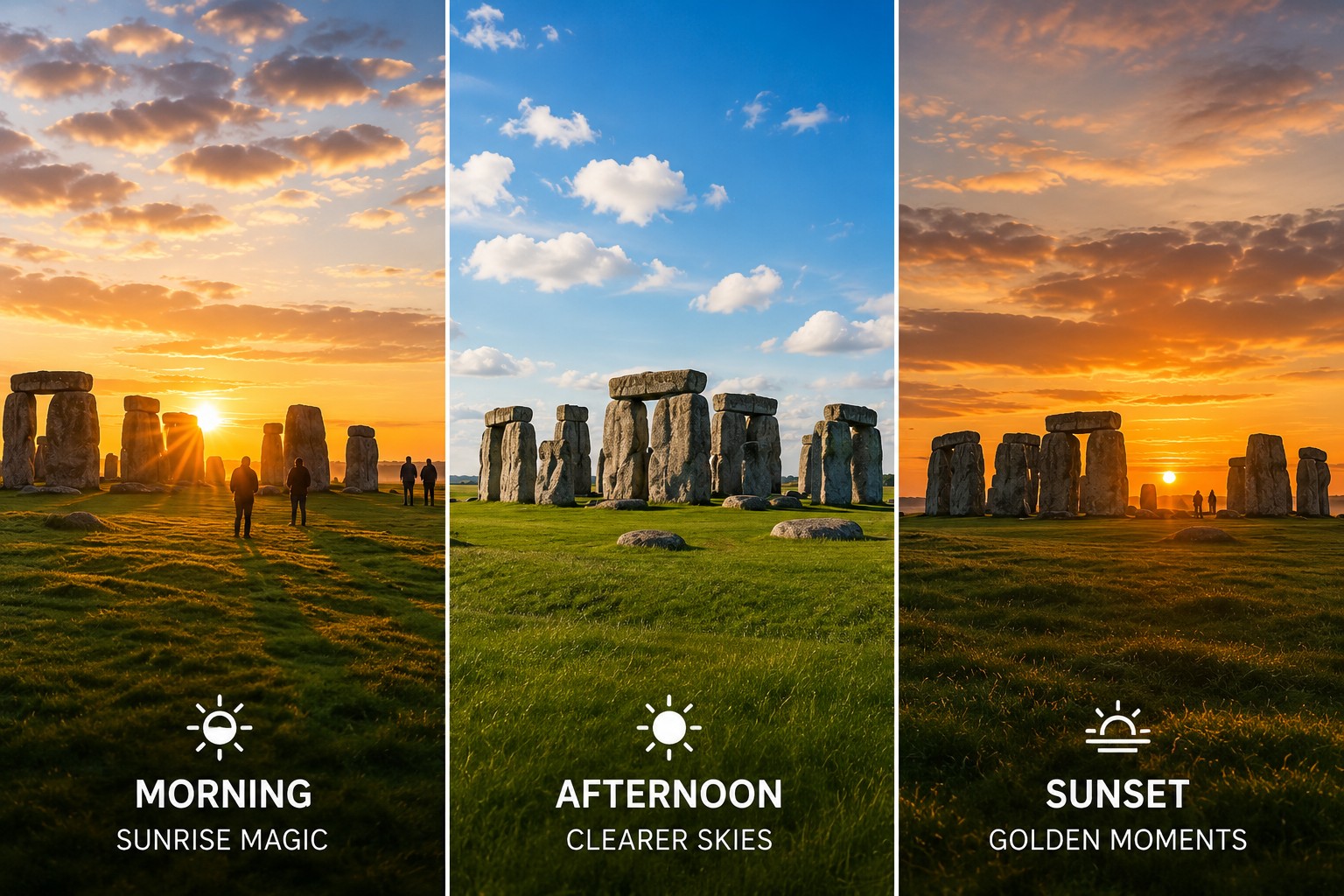 Triptych comparison of Stonehenge during morning, afternoon and sunset, helping first-time visitors compare the different times of day for a Stonehenge Inner Circle visit.
