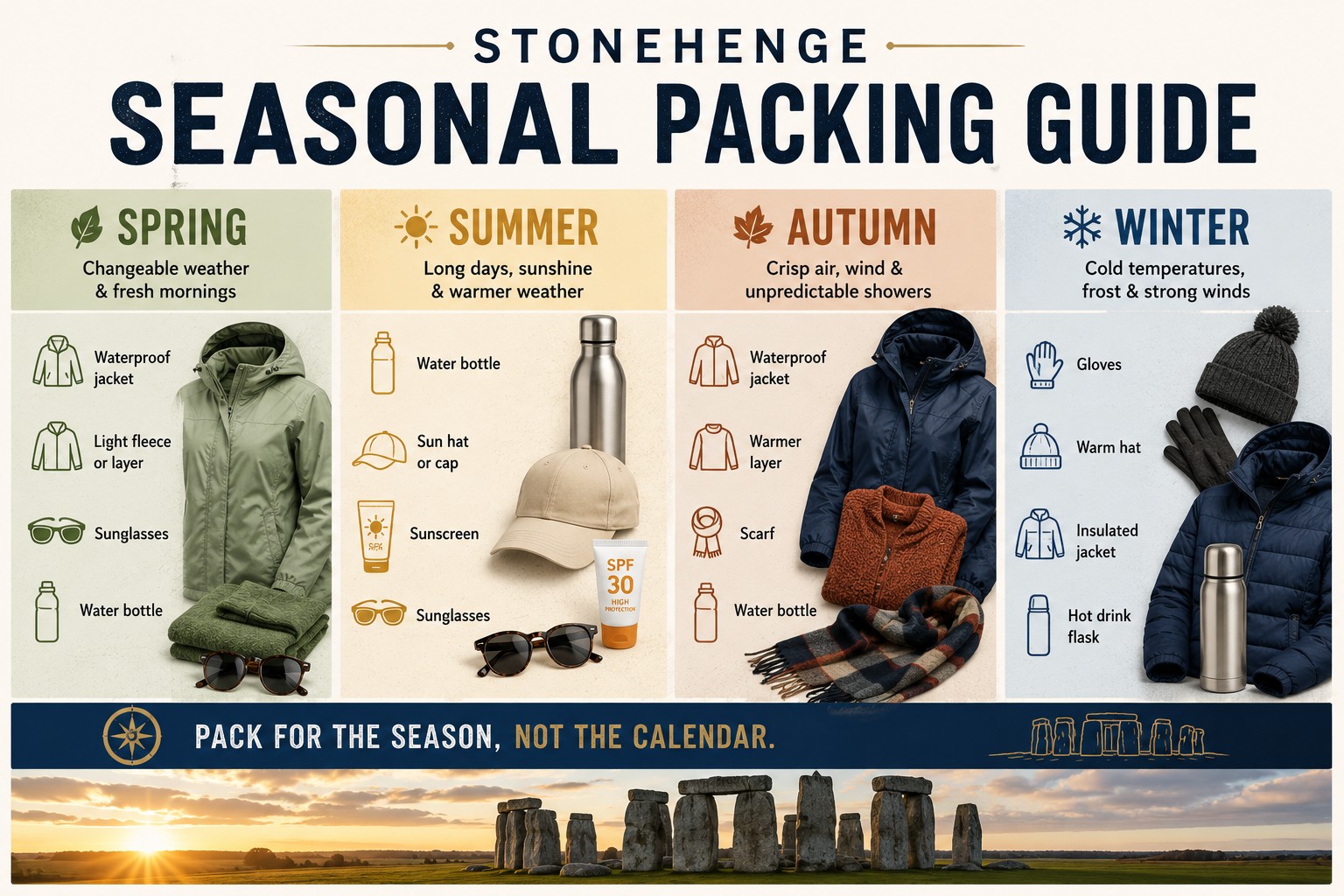 Infographic showing a seasonal packing guide for a Stonehenge Inner Circle experience, with recommended clothing and essential items for spring, summer, autumn and winter visits.