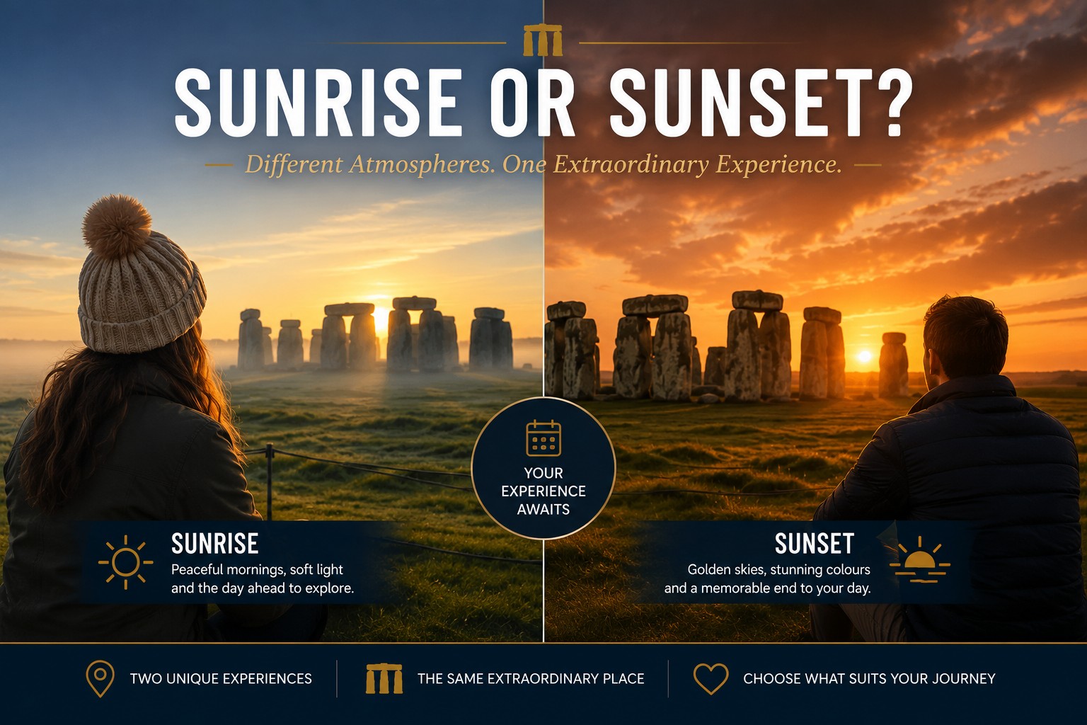 Split comparison image showing Stonehenge Inner Circle at sunrise and sunset, illustrating how both access sessions offer unique atmospheres and can provide excellent alternatives when a preferred visit date is unavailable.