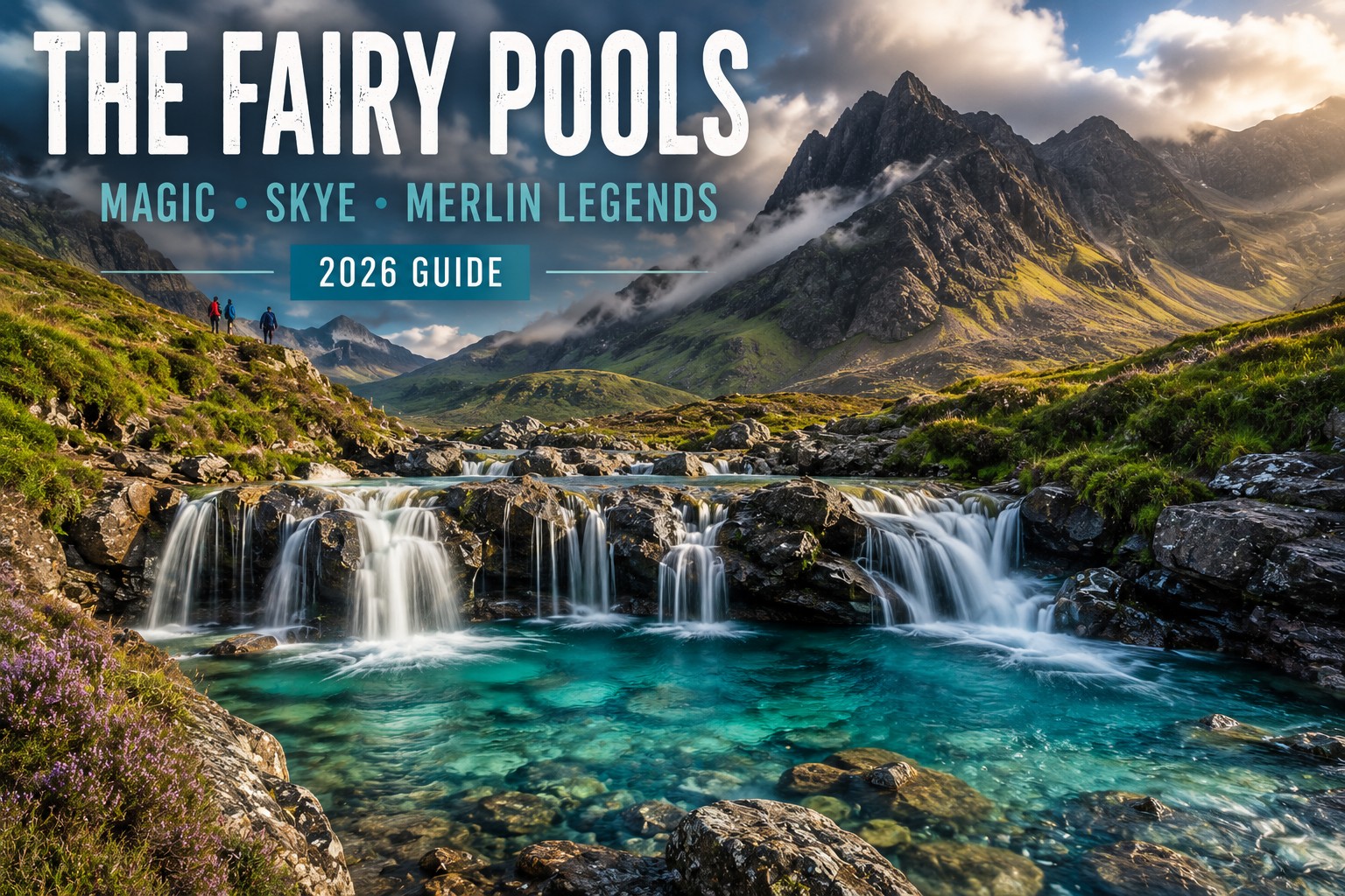 The Fairy Pools on the Isle of Skye beneath the Black Cuillin mountains, with crystal-clear turquoise pools, cascading waterfalls, drifting mountain mist and walkers following the Highland path through one of Scotland's most spectacular natural landscapes.