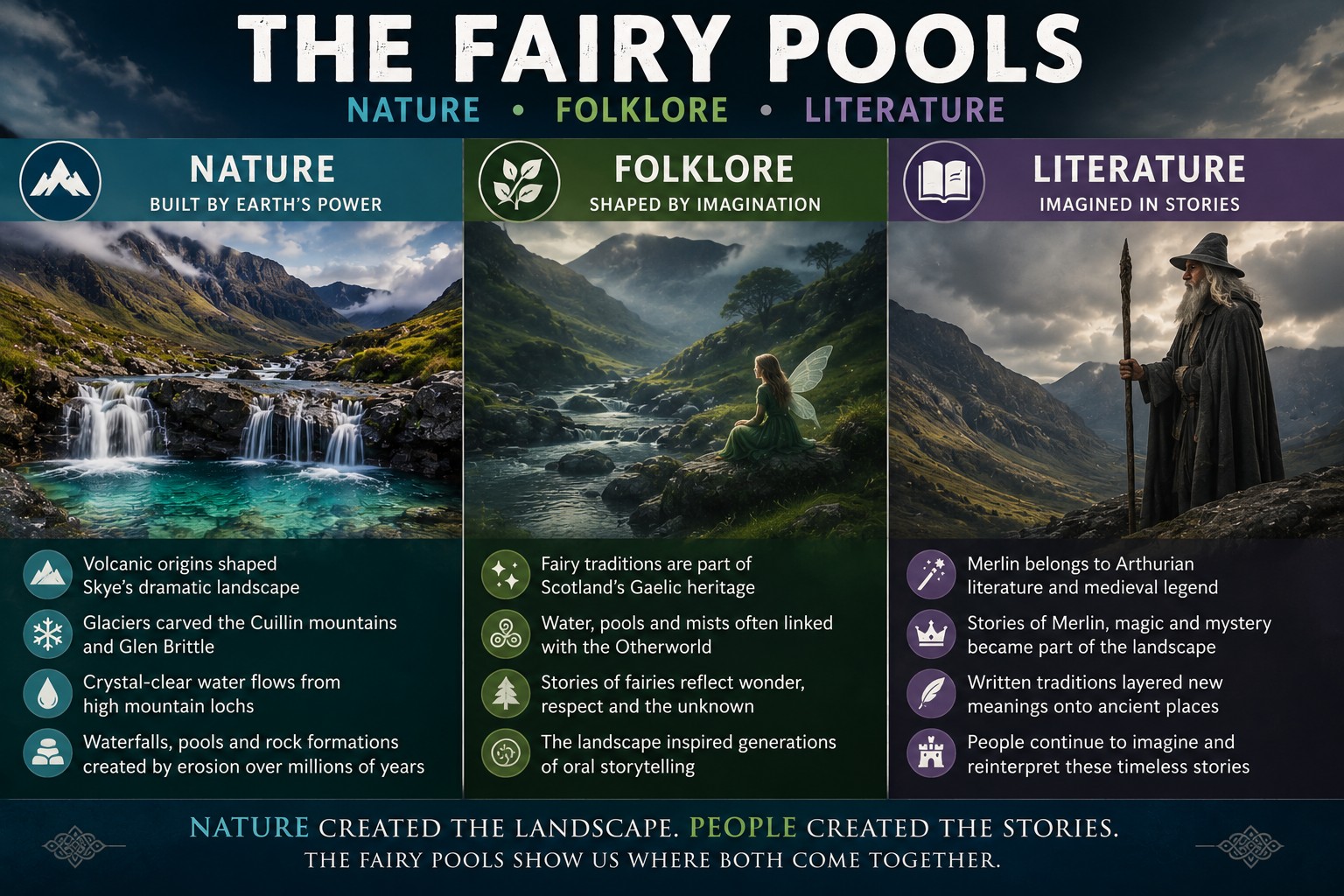 Three-panel infographic explaining the Fairy Pools through nature, Scottish folklore and Arthurian literary tradition, showing how geology created the landscape, Gaelic storytelling inspired fairy legends and later literature associated places like Skye with Merlin.