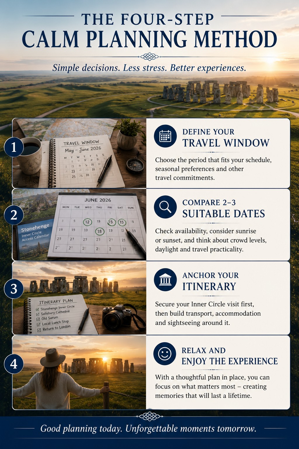 Premium infographic illustrating the Four-Step Calm Planning Method for a stress-free Stonehenge Inner Circle visit, showing how to define a travel window, compare suitable dates, anchor an itinerary and enjoy the experience with confidence.
