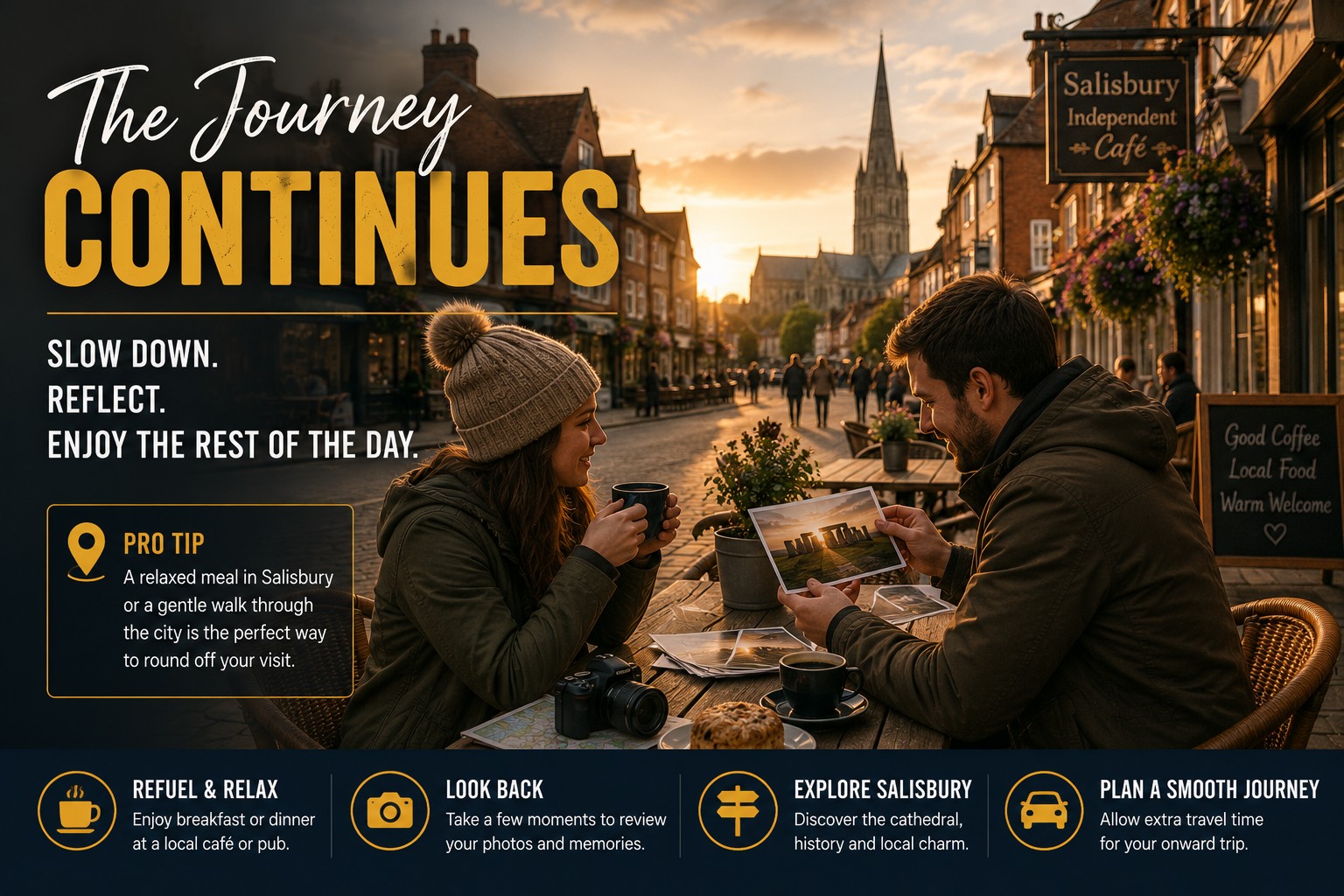 Couple relaxing at an outdoor café in Salisbury after their Stonehenge Inner Circle tour, enjoying coffee while looking through photographs from their visit, with Salisbury Cathedral visible in the background.