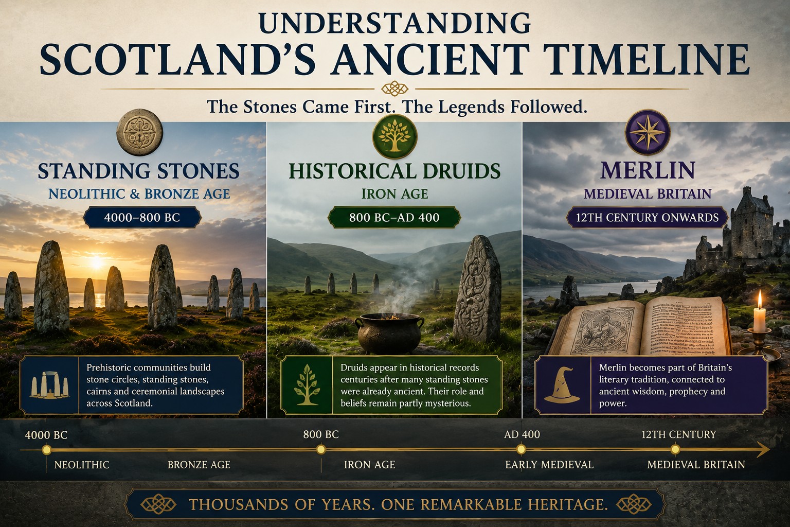 Three-panel educational infographic showing the chronology of Scotland's standing stones, the historical Druids and Merlin, illustrating how prehistoric monuments, Iron Age religious figures and medieval legend belong to different periods of British history.