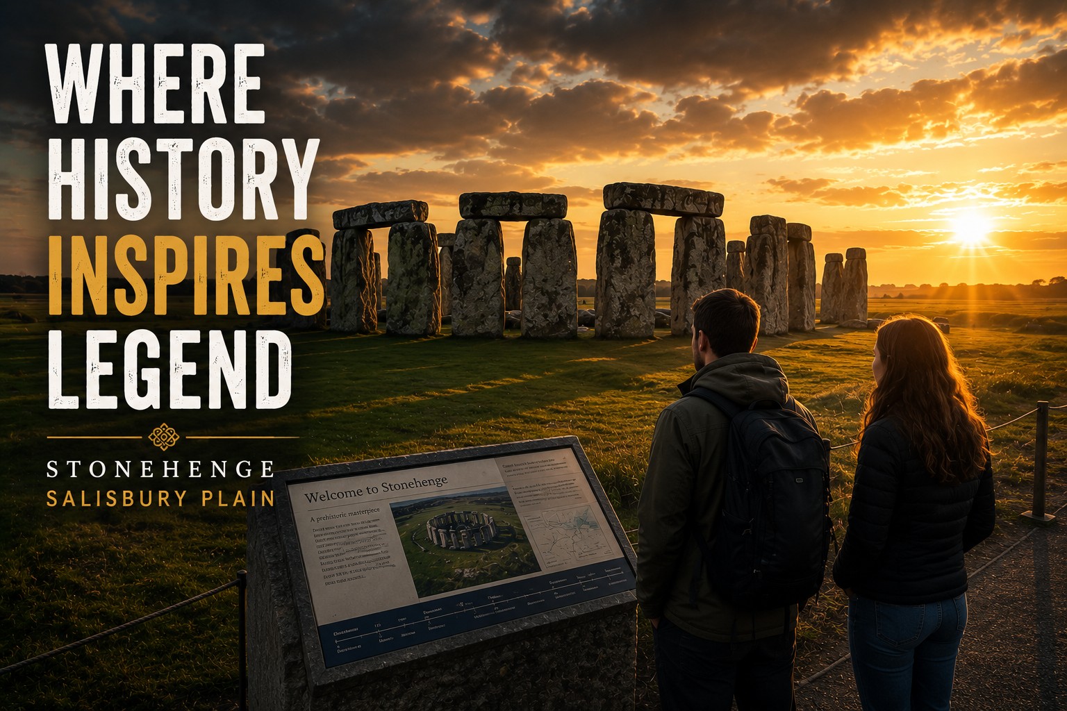 Two visitors stand thoughtfully overlooking Stonehenge at sunset on Salisbury Plain, with the ancient stone circle glowing in golden light and an interpretation panel in the foreground, illustrating how archaeology and legend together enrich the visitor experience.