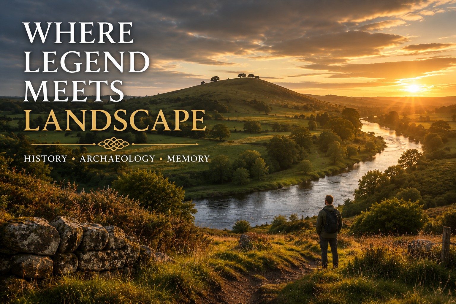 Panoramic view across the River Tweed valley at Drumelzier in the Scottish Borders at sunset, with a lone visitor overlooking the landscape traditionally associated with Merlin's Grave, illustrating where legend, archaeology and history meet.
