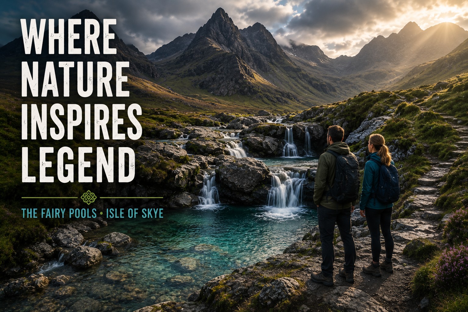 Two walkers admire the crystal-clear Fairy Pools beneath the Black Cuillin on the Isle of Skye, surrounded by cascading waterfalls, rugged volcanic mountains and dramatic Highland light, illustrating how extraordinary natural landscapes inspire enduring legends.