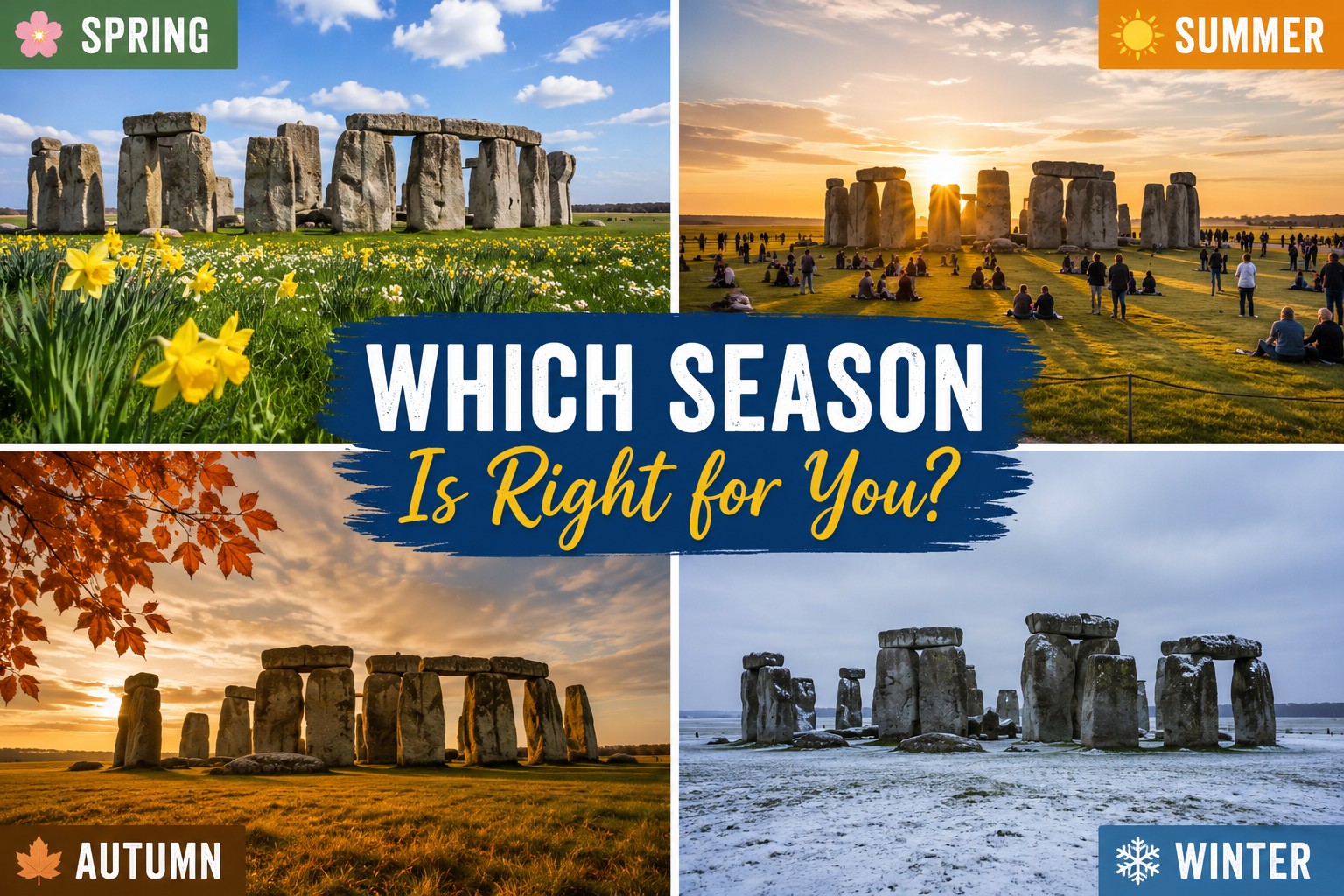 Four seasonal views of Stonehenge showing spring, summer, autumn and winter to help visitors choose the best season for a Stonehenge Inner Circle visit.