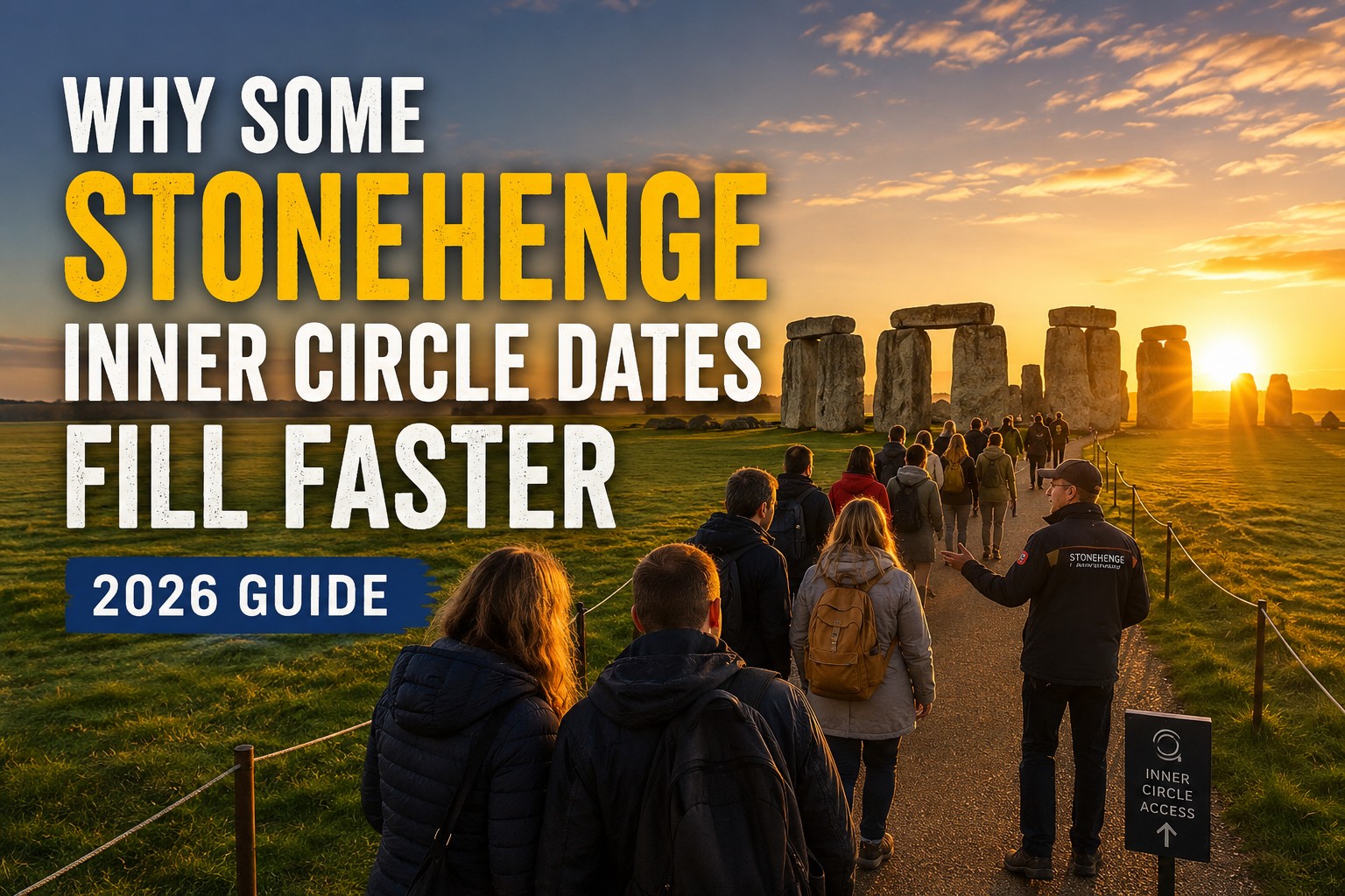 Visitors walking towards Stonehenge at sunrise for an exclusive Inner Circle access experience, illustrating why some Stonehenge Inner Circle dates fill faster than others in 2026.