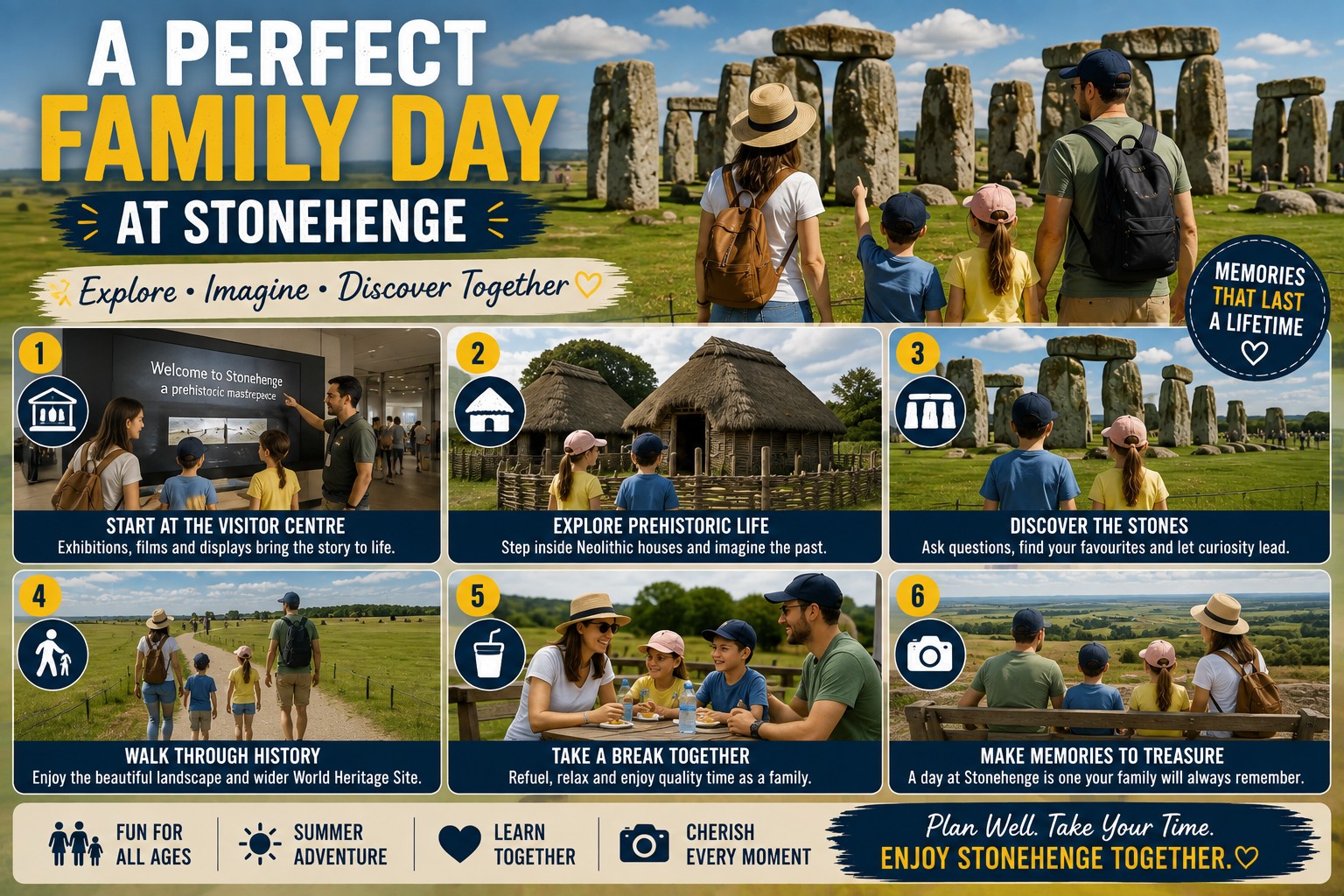 A premium six-panel family travel montage showing a perfect summer day at Stonehenge, featuring the visitor centre, reconstructed Neolithic houses, children discovering the ancient stones, a family walk through the World Heritage landscape, a relaxing picnic break and panoramic countryside views, celebrating a memorable family adventure together.