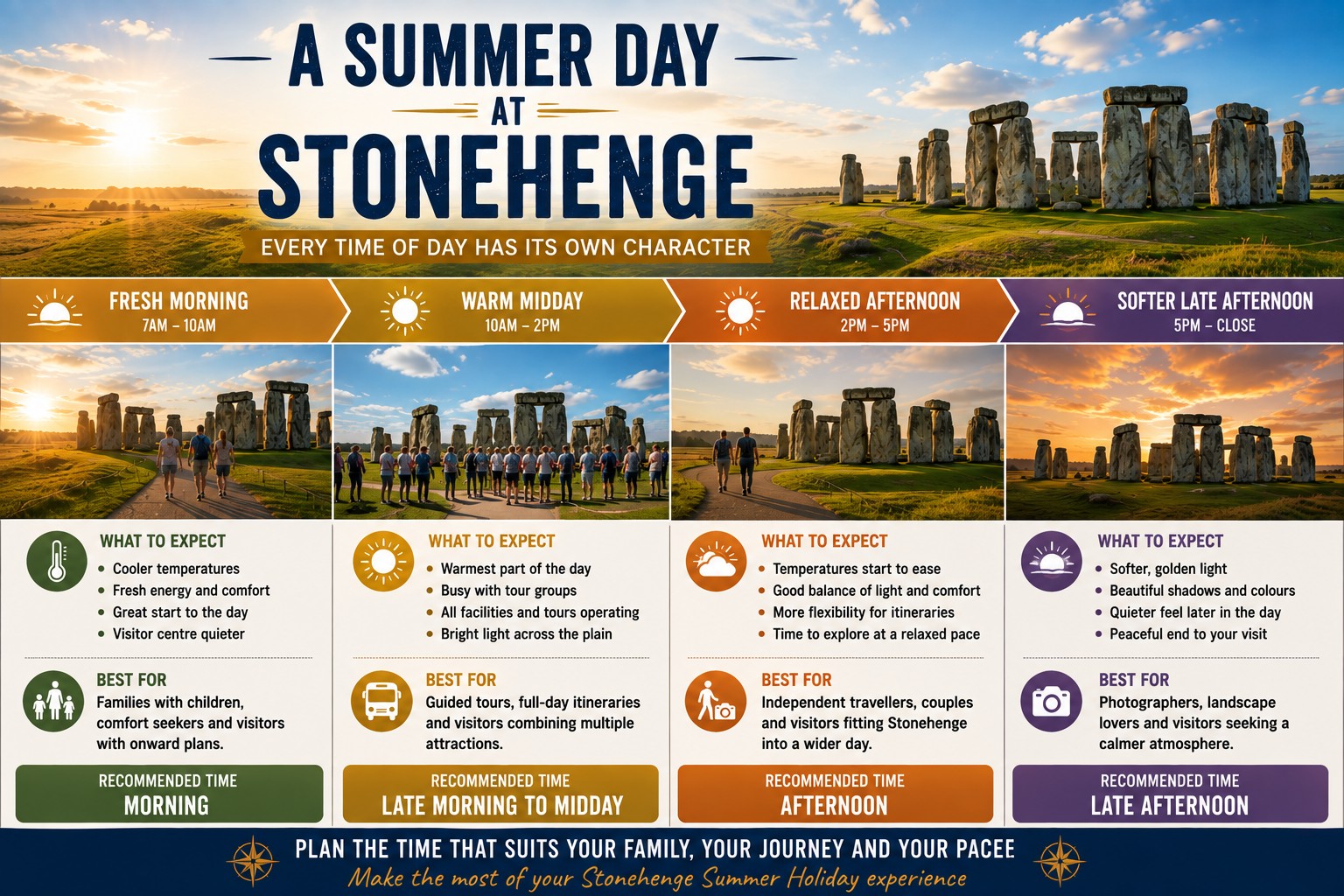 A premium timeline infographic illustrating a complete summer day at Stonehenge, comparing fresh morning, warm midday, relaxed afternoon and softer late afternoon conditions, with realistic seasonal photography, visitor guidance and recommended times for different travel styles.