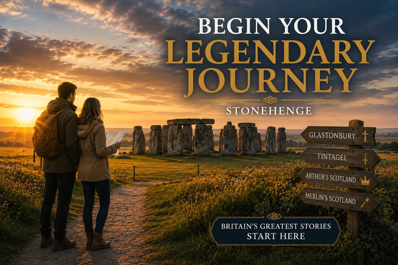 Two travellers stand beside the pathway overlooking Stonehenge at sunset, studying a map before beginning a journey through Britain's legendary landscapes, with a traditional signpost pointing towards Glastonbury, Tintagel, Arthur's Scotland and Merlin's Scotland.