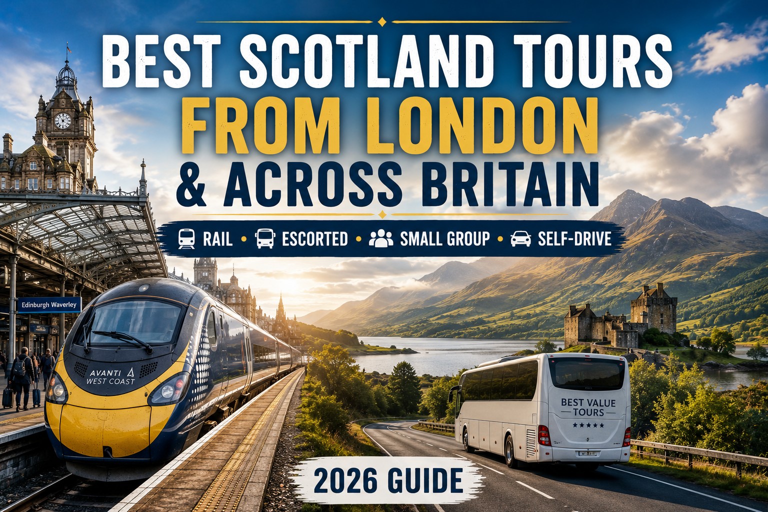 A premium travel montage showing a modern train at Edinburgh Waverley Station and a touring coach travelling through the Scottish Highlands towards a lochside castle, illustrating the main ways visitors can reach and explore Scotland from London and across Britain.