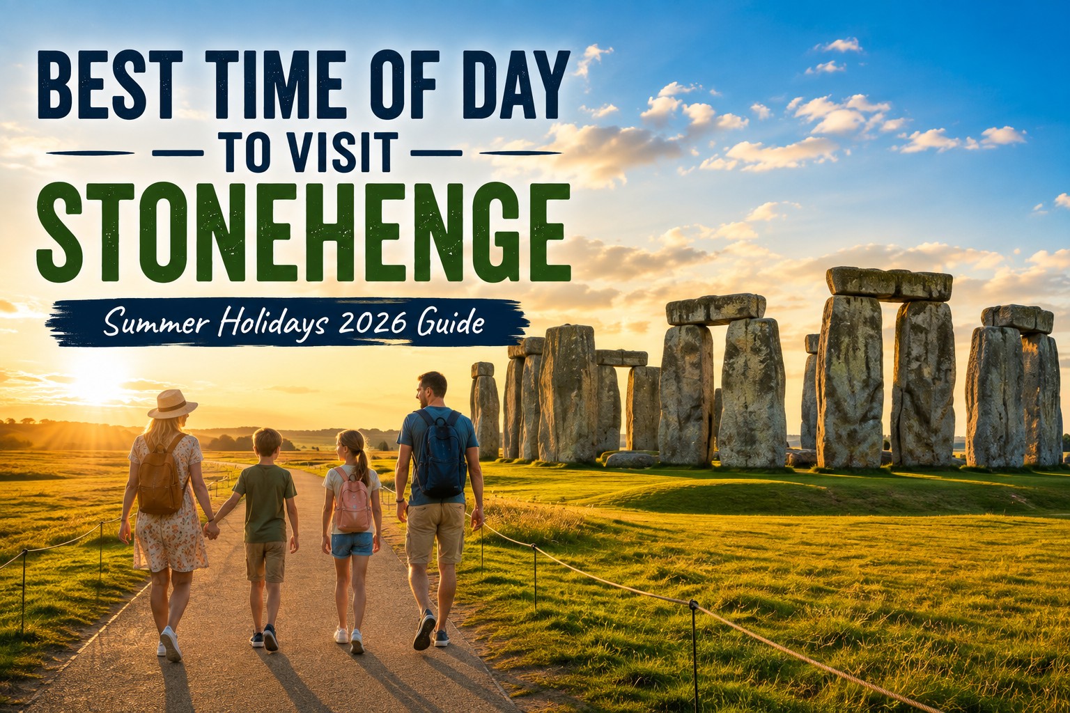 A premium summer morning view of Stonehenge with a family walking along the visitor path towards the ancient stone circle beneath warm golden sunlight, illustrating the best time of day to visit Stonehenge during the Summer Holidays.