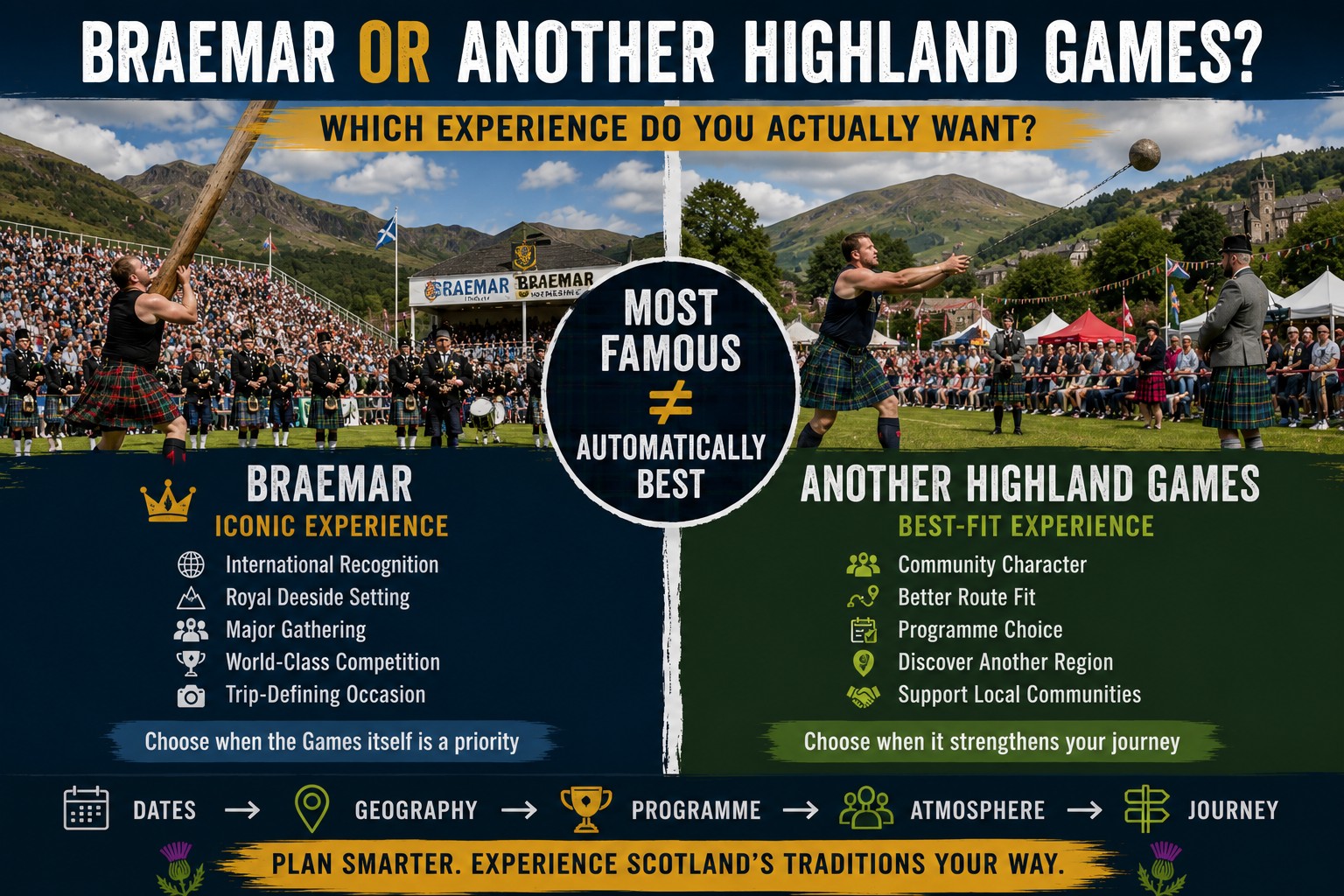 Split comparison of the Braemar Gathering and another Scottish Highland Games, contrasting a major famous event with a smaller community-focused gathering.