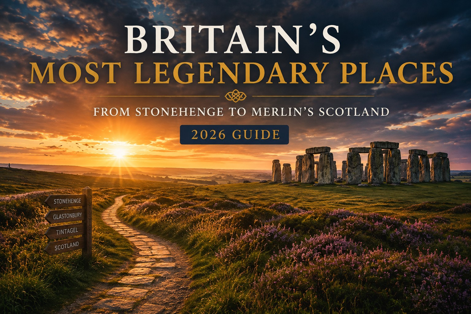 A winding stone path leads across flower-covered countryside towards Stonehenge beneath dramatic sunrise skies, with a traditional signpost pointing towards Stonehenge, Glastonbury, Tintagel and Scotland, symbolising a journey through Britain's greatest legendary landscapes