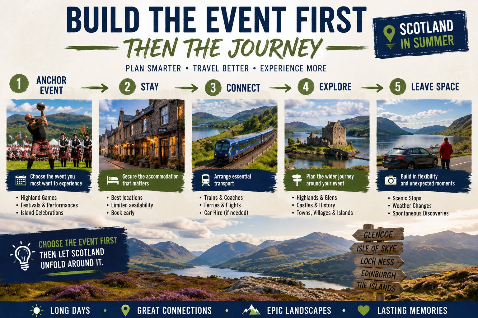 Five-step Scotland summer itinerary graphic showing a Highland event, accommodation, rail travel, castle exploration and flexible scenic touring.