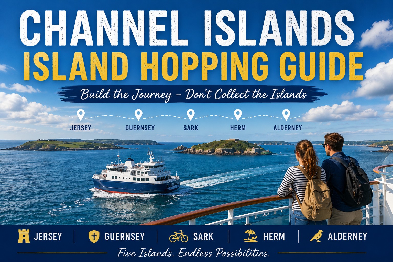 Couple travelling by ferry between Jersey, Guernsey, Sark, Herm and Alderney on a Channel Islands island-hopping journey