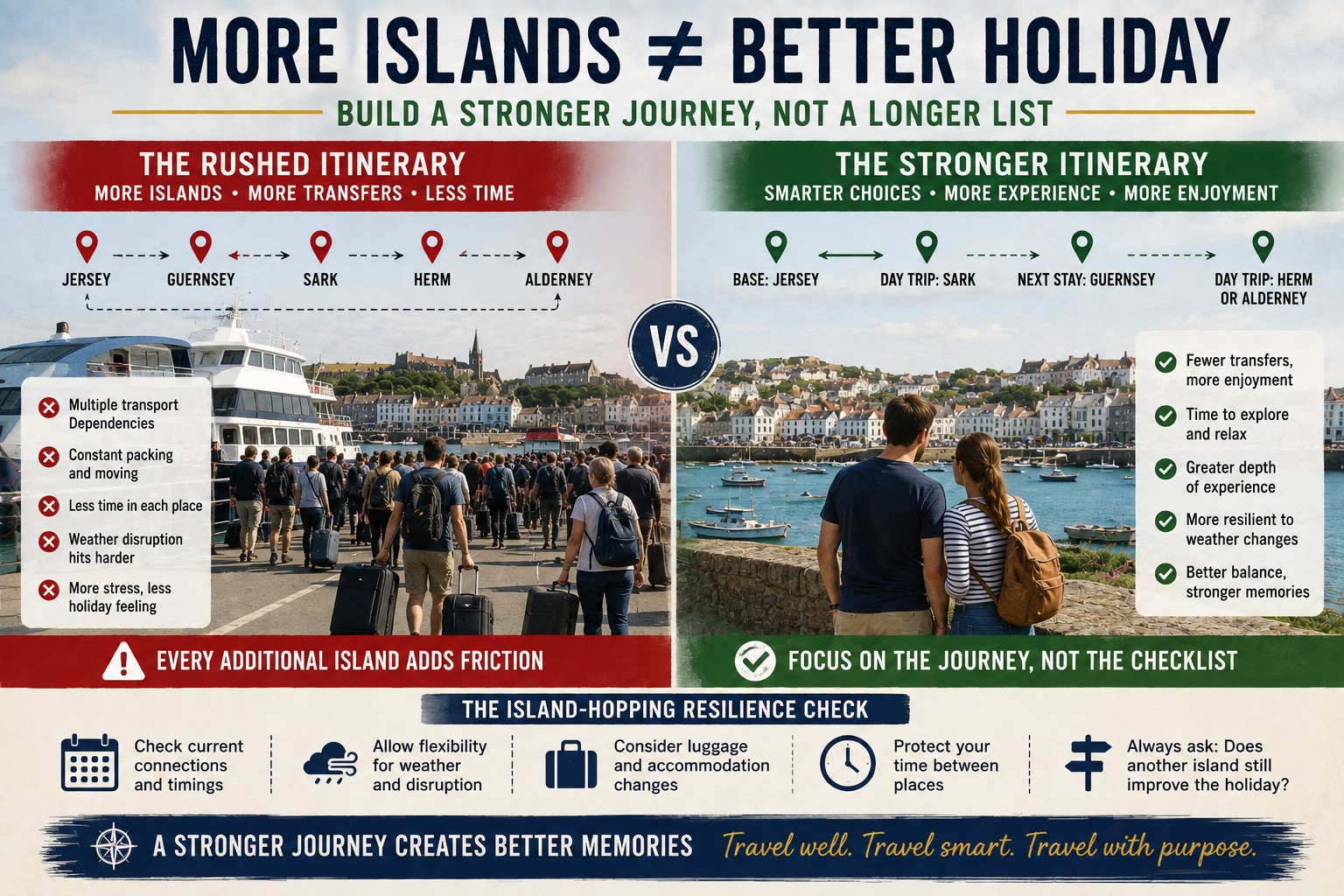 Split comparison showing a rushed five-island Channel Islands itinerary versus a slower journey with fewer transfers and more time to explore