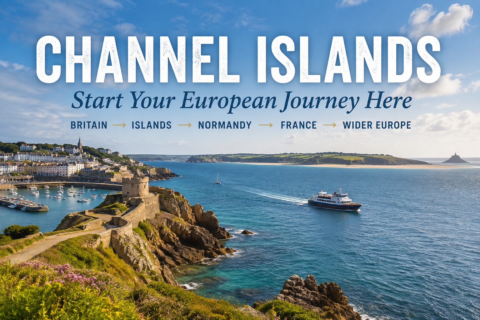 Channel Islands coastal panorama with harbour, historic fortifications, ferry and route towards Normandy and wider Europe