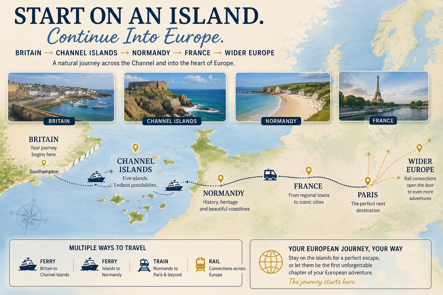Channel Islands to Europe journey map showing travel from Britain through the islands and Normandy to France Paris and wider Europe
