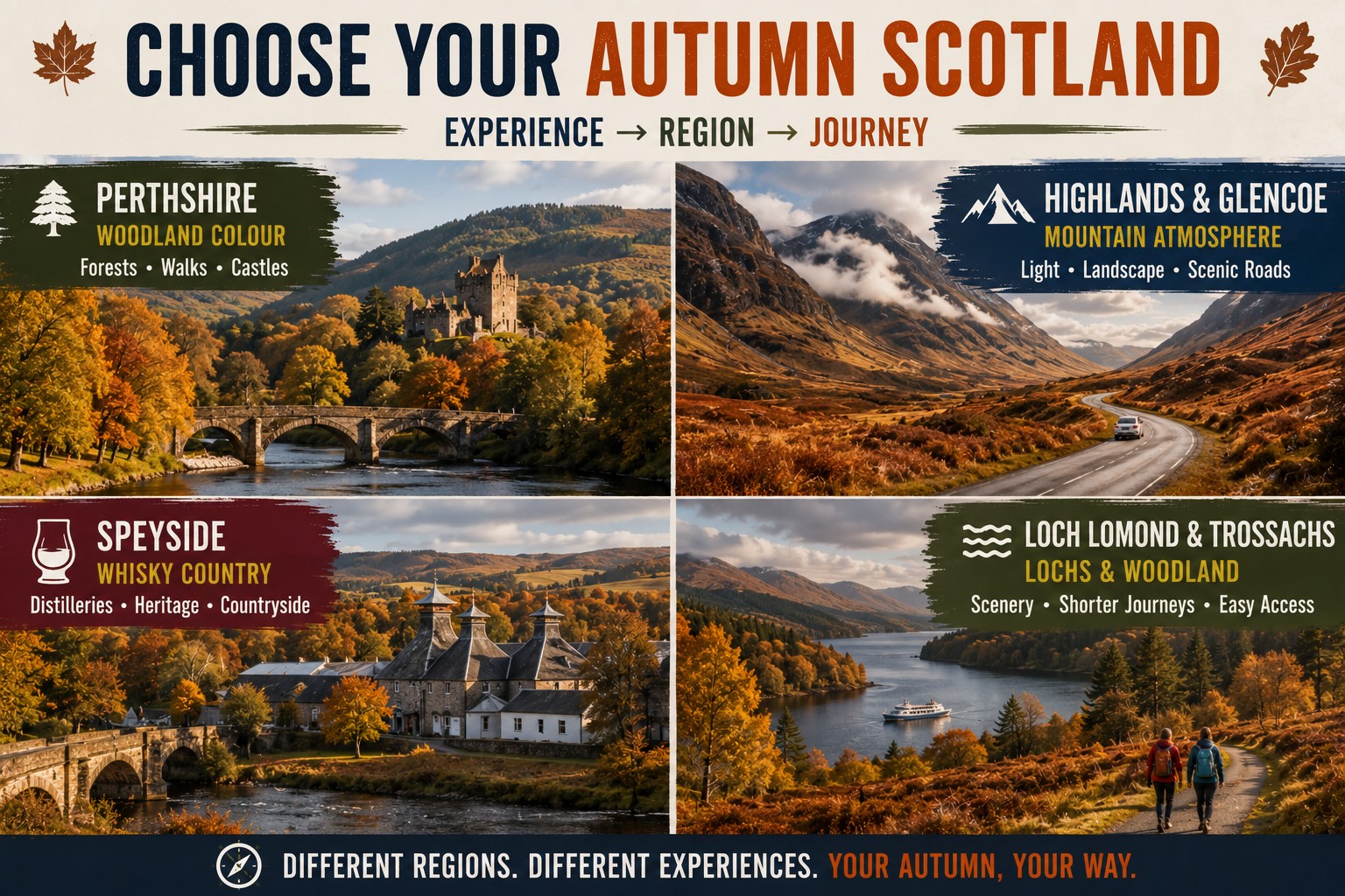 Four-panel Scotland autumn guide showing Perthshire woodland, the Highlands and Glencoe, Speyside whisky country, and Loch Lomond and the Trossachs.