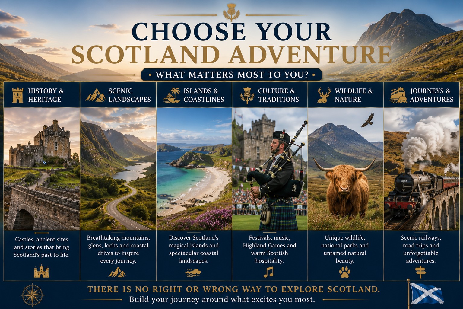 A premium six-panel travel infographic helping visitors choose their ideal Scotland adventure, featuring historic castles, Highland landscapes, island coastlines, Scottish culture, Highland wildlife and scenic railway journeys, encouraging travellers to build an itinerary around their personal interests.