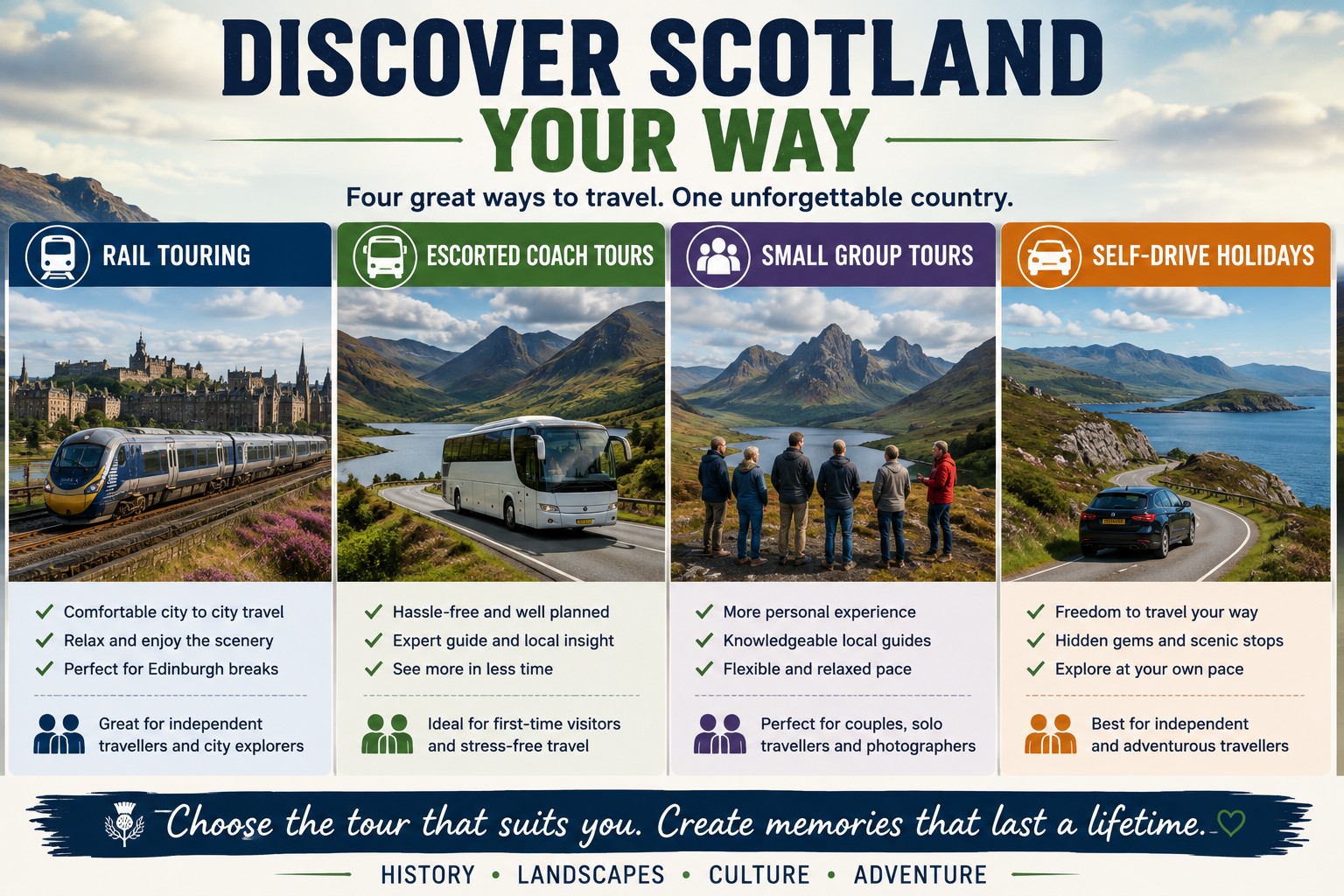 A premium four-panel infographic comparing Scotland tour styles, featuring rail touring, escorted coach tours, small-group tours and self-drive holidays, helping travellers choose the best way to explore Scotland based on their travel style, available time and preferred pace.