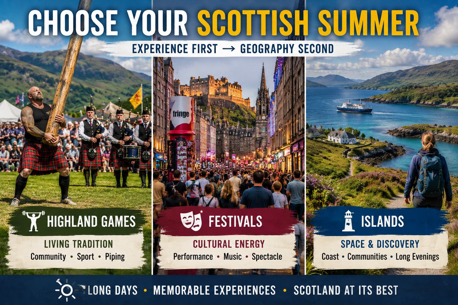Three-panel Scottish summer comparison showing Highland Games with caber tossing and pipers, Edinburgh festival crowds and a scenic island journey with a ferry.