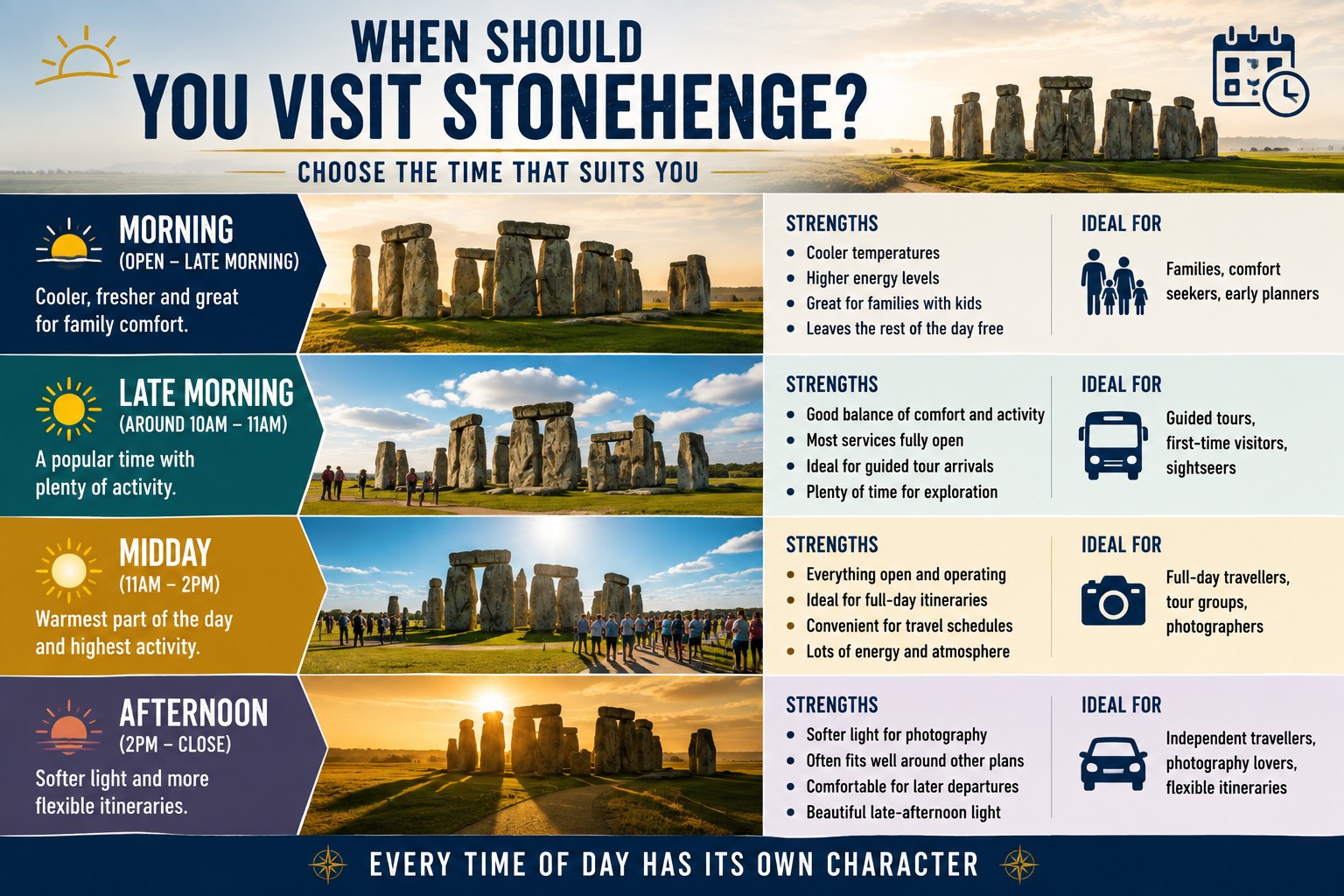 A premium comparison infographic showing the four main times of day to visit Stonehenge during the Summer Holidays—morning, late morning, midday and afternoon—with realistic photographs, key advantages and the types of visitors each time best suits.