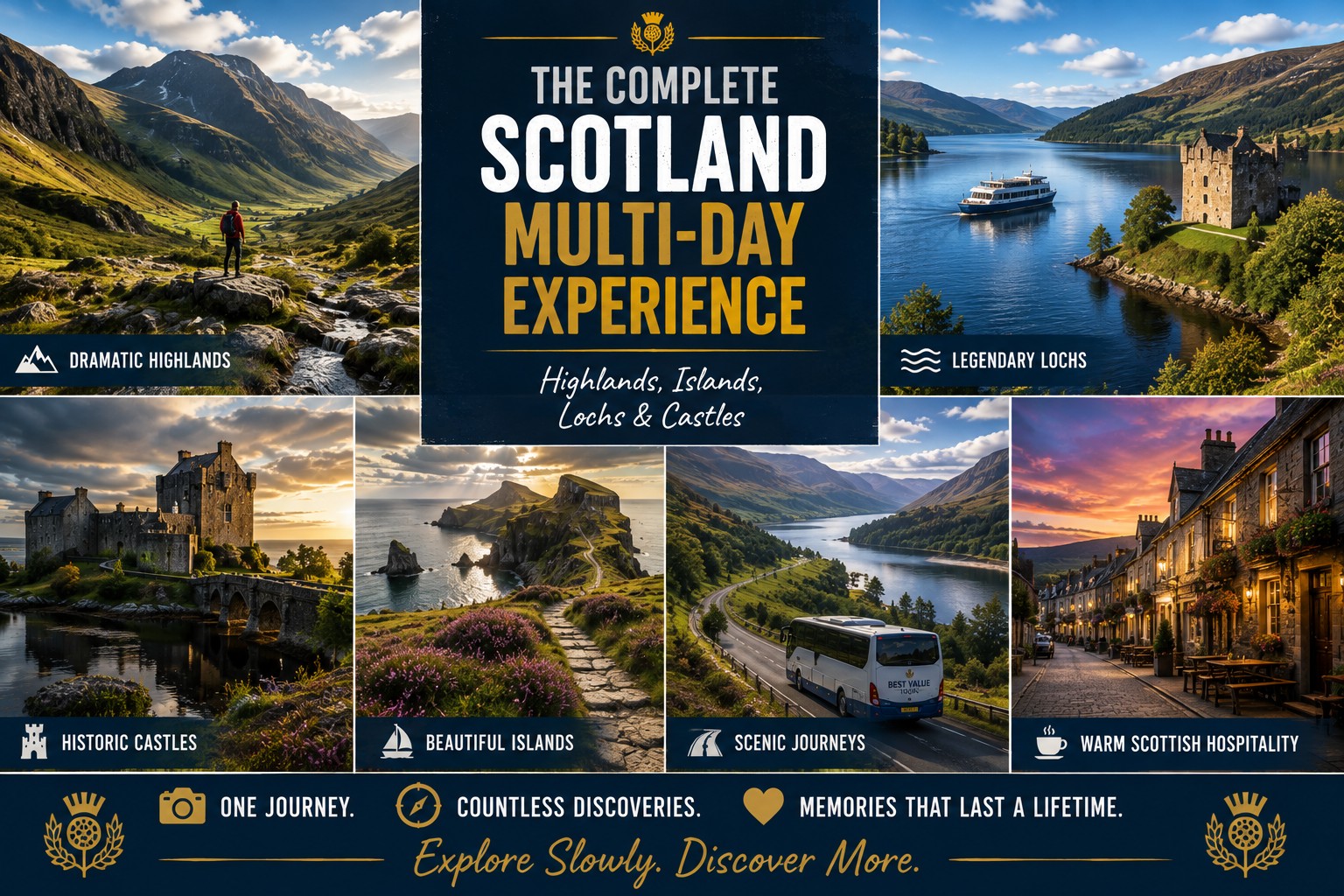 A premium six-panel travel montage showcasing the complete Scotland multi-day touring experience, featuring dramatic Highland mountains, legendary lochs, historic castles, the Isle of Skye, scenic Highland road journeys and a welcoming Scottish village, illustrating the unforgettable experiences of exploring Scotland at a relaxed pace.