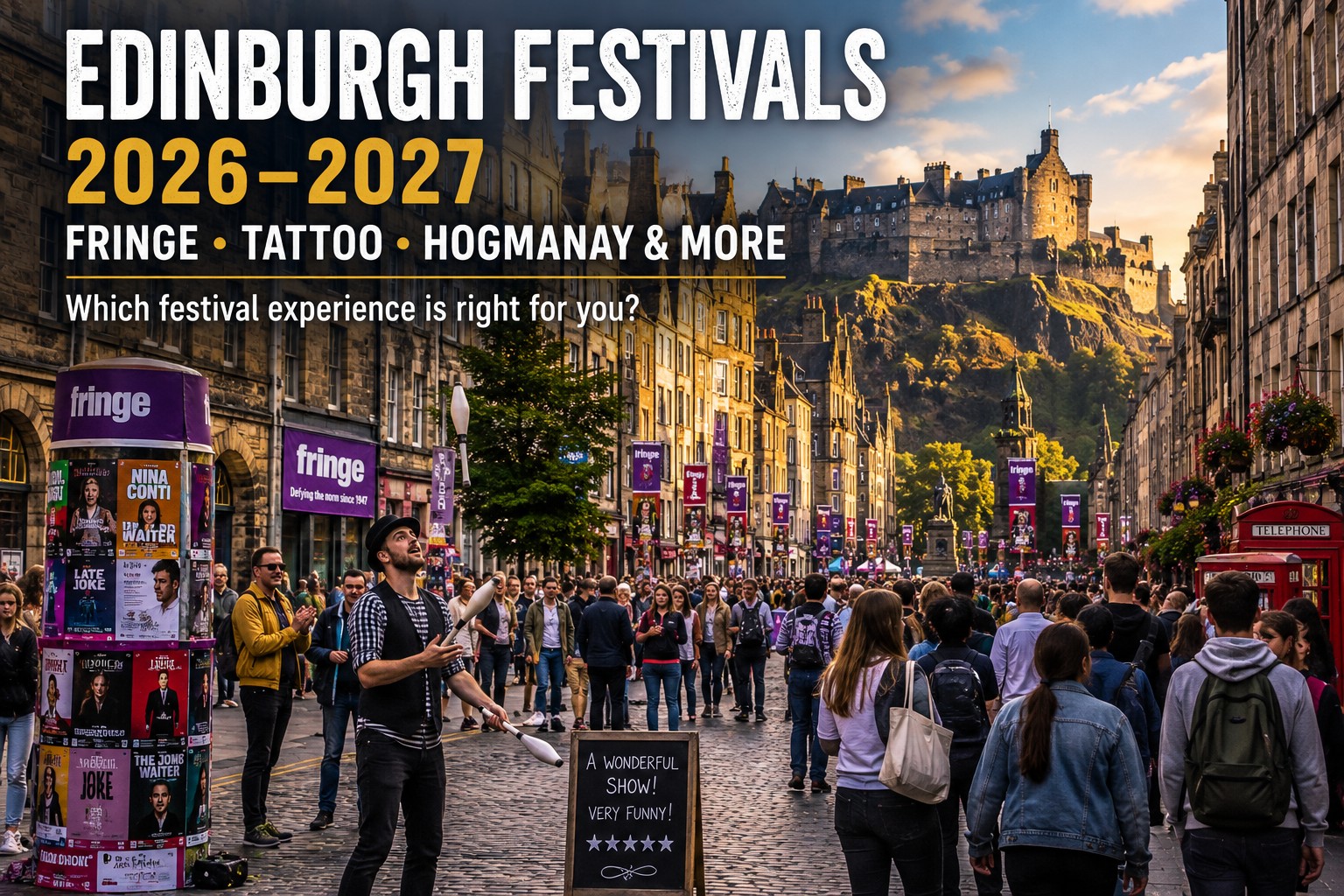 Edinburgh Festival Fringe atmosphere on the Royal Mile with crowds, street performers, festival posters and Edinburgh Castle in the background.