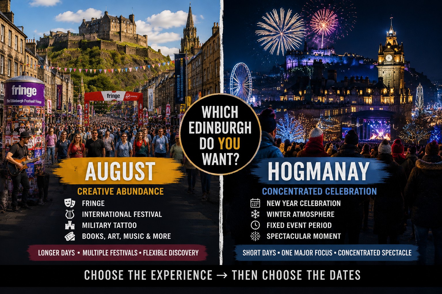 Split view of Edinburgh in August festival season and at Hogmanay, comparing summer performances and crowds with winter New Year celebrations and fireworks.