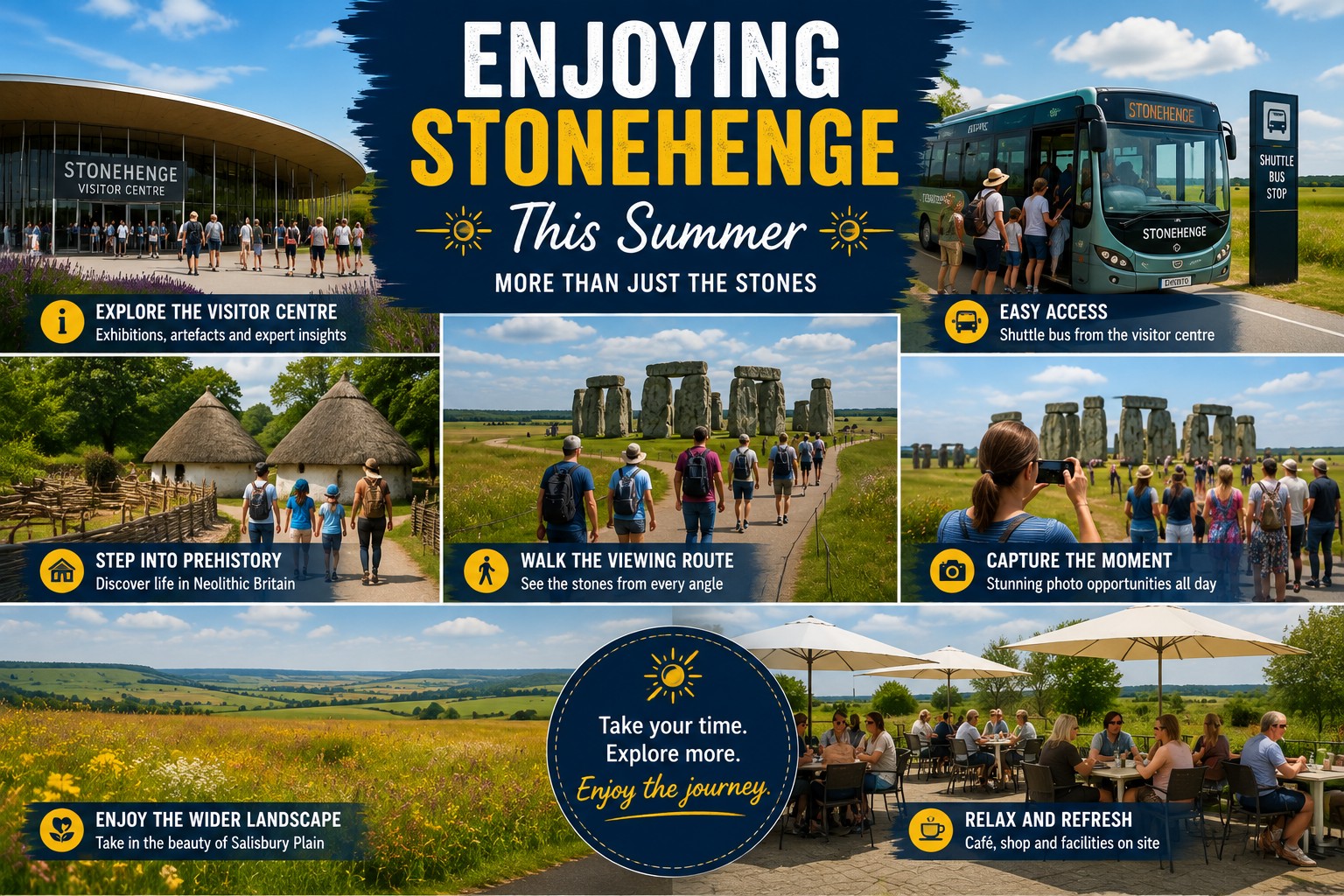 A colourful six-panel travel montage showing visitors enjoying Stonehenge during the Summer Holidays, featuring the visitor centre, shuttle bus, reconstructed Neolithic houses, the public viewing route, photography opportunities and the surrounding Wiltshire countryside under bright summer skies.