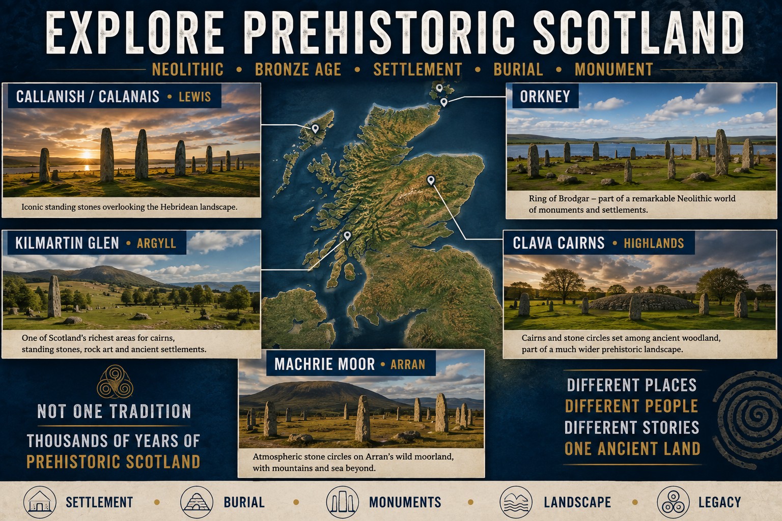 Prehistoric Scotland travel map showing Callanish on Lewis, Orkney, Kilmartin Glen, Clava Cairns and Machrie Moor on Arran with photographs of their ancient standing stones and landscapes.
