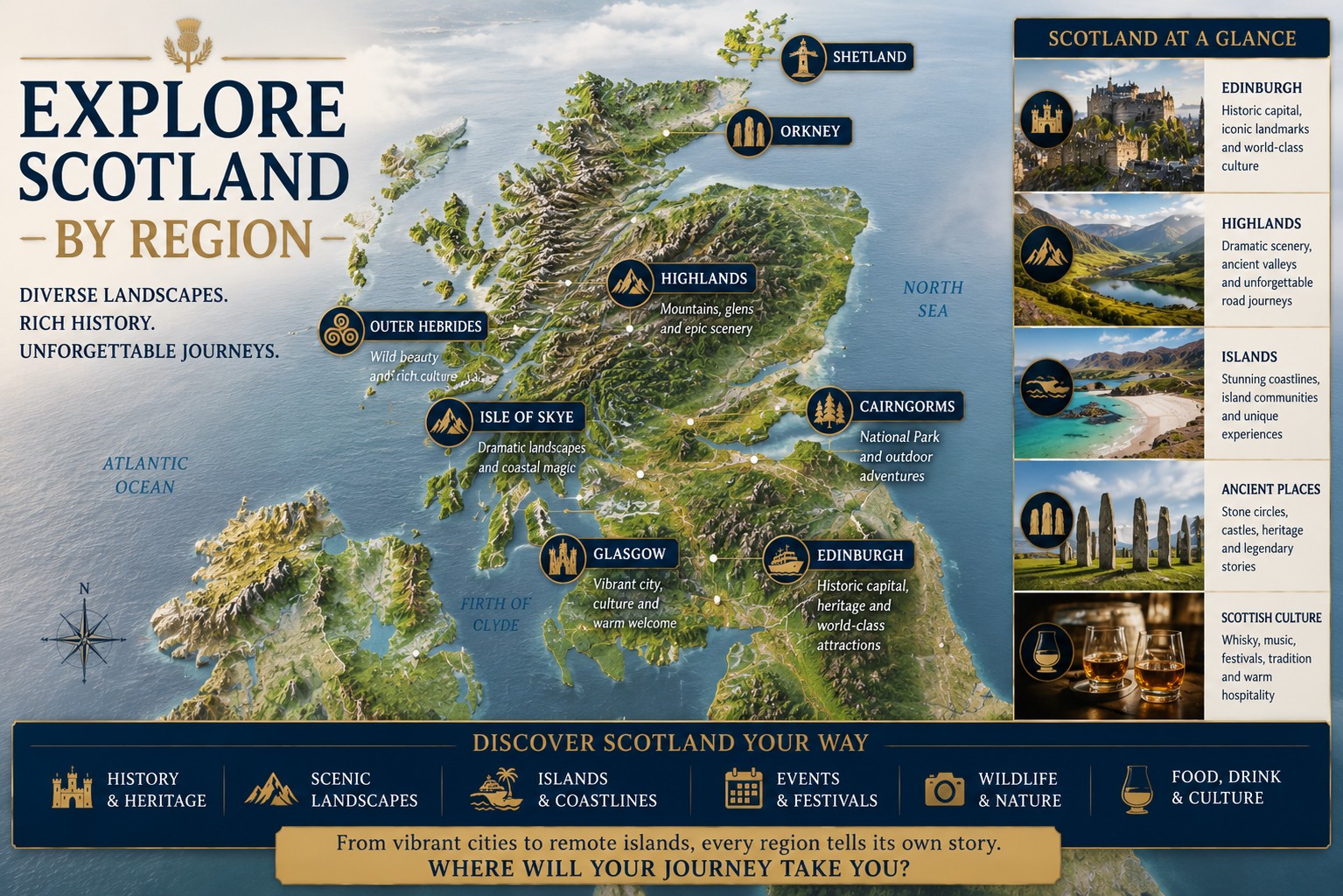 A premium illustrated relief map of Scotland highlighting the country's major regions, including Edinburgh, Glasgow, the Highlands, Cairngorms, the Isle of Skye, the Outer Hebrides, Orkney and Shetland, helping visitors understand Scotland's geography and diverse travel experiences at a glance.