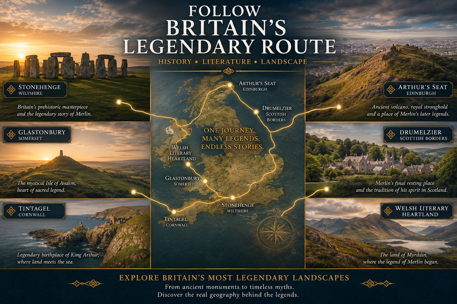 A premium travel-planning montage combining Stonehenge, Glastonbury, Tintagel, the Welsh literary heartland, Drumelzier and Arthur's Seat, connected by a map of Britain with glowing route lines to illustrate a journey through the country's legendary landscapes inspired by King Arthur and Merlin.
