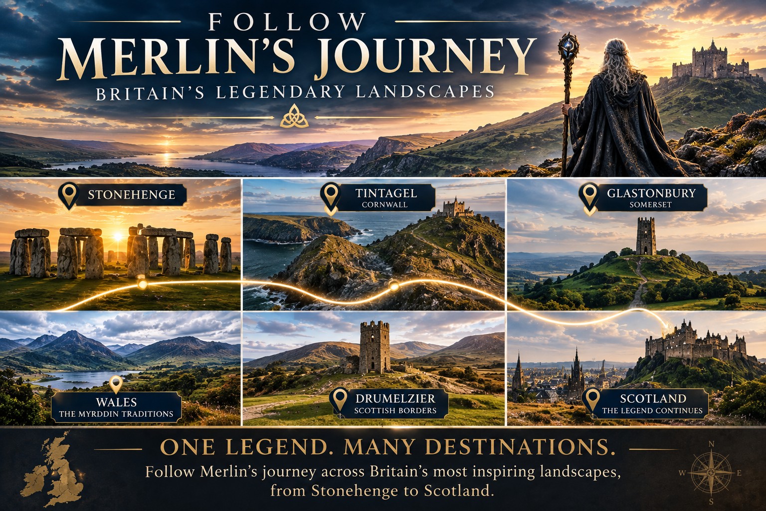 A premium travel montage following Merlin's legendary journey across Britain, linking Stonehenge, Tintagel, Glastonbury, Wales, Drumelzier and Edinburgh with a glowing route to illustrate how one legendary figure connects Britain's archaeology, medieval literature and regional folklore.
