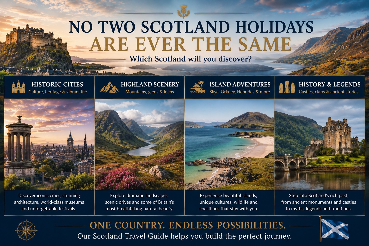 A four-panel photorealistic montage showcasing four ways to discover Scotland, featuring Edinburgh's historic skyline, the dramatic Highland mountains and glens, the beautiful island coastlines of the Hebrides and Skye, and Scotland's rich history through iconic castles and ancient landmarks.
