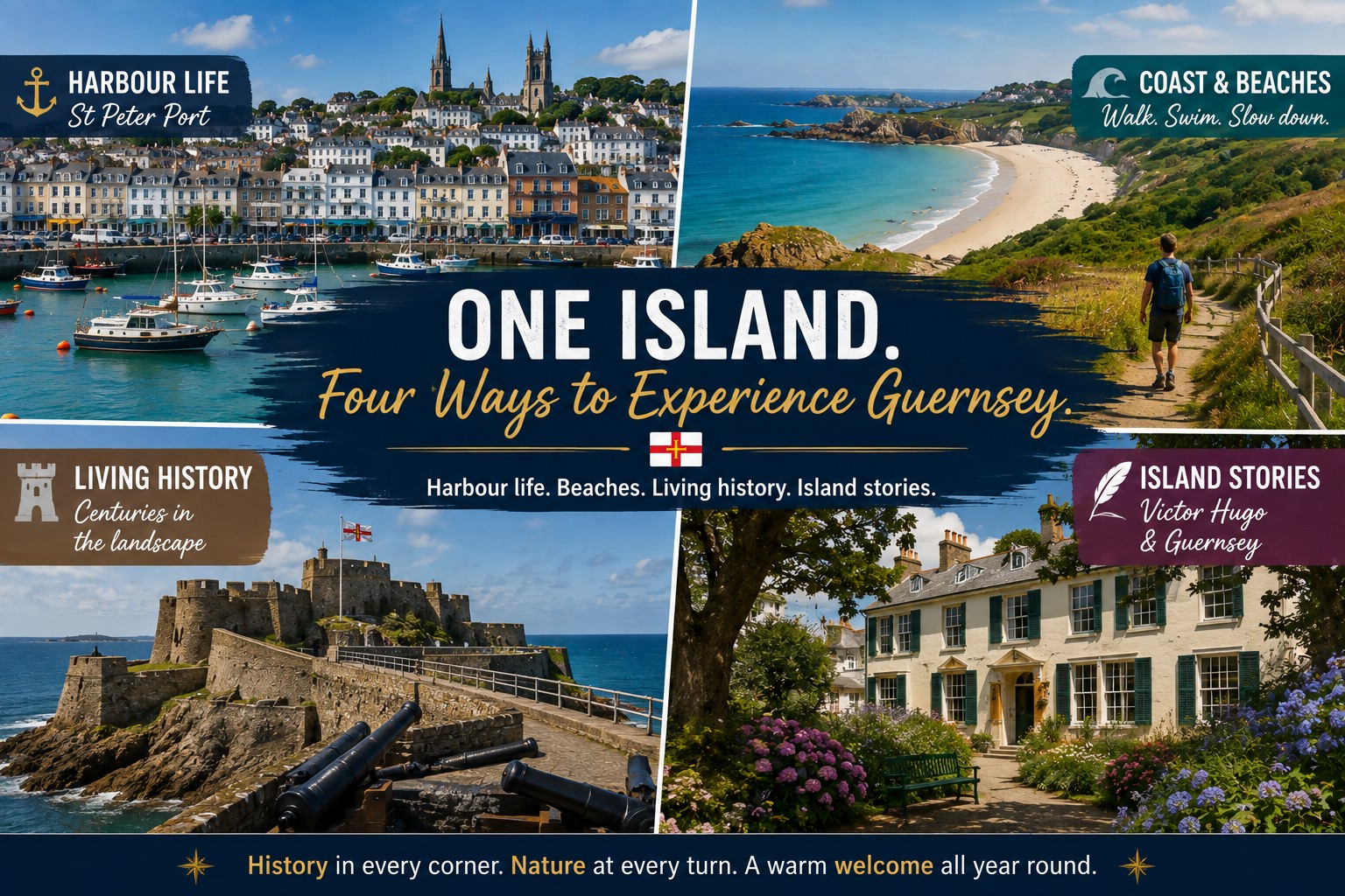 Four-part Guernsey travel collage showing St Peter Port harbour, coastal beach and walking path, historic fortifications and Victor Hugo heritage