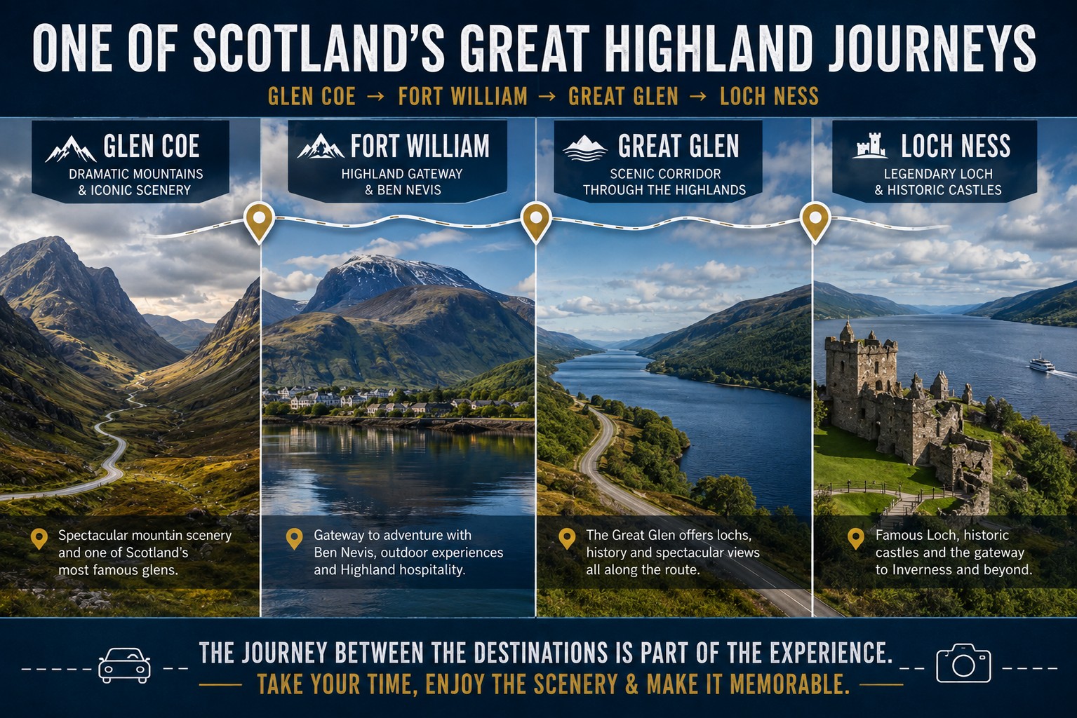 Four-part scenic journey guide showing Glen Coe, Fort William, the Great Glen and Loch Ness as a connected Scottish Highlands touring route.