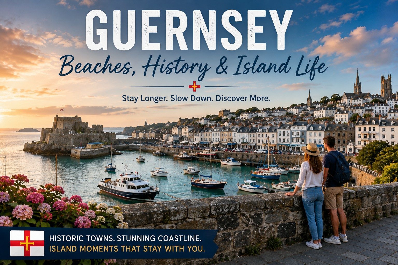St Peter Port harbour in Guernsey with Castle Cornet, boats, historic waterfront and visitors overlooking the sea