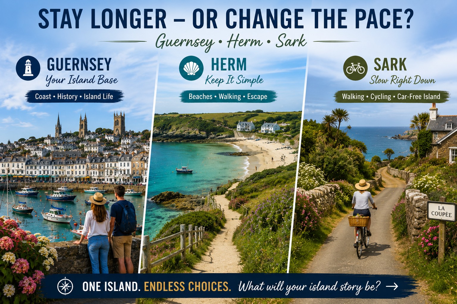 Guernsey Herm and Sark comparison showing St Peter Port harbour, a peaceful Herm beach and a cyclist exploring car-free Sark