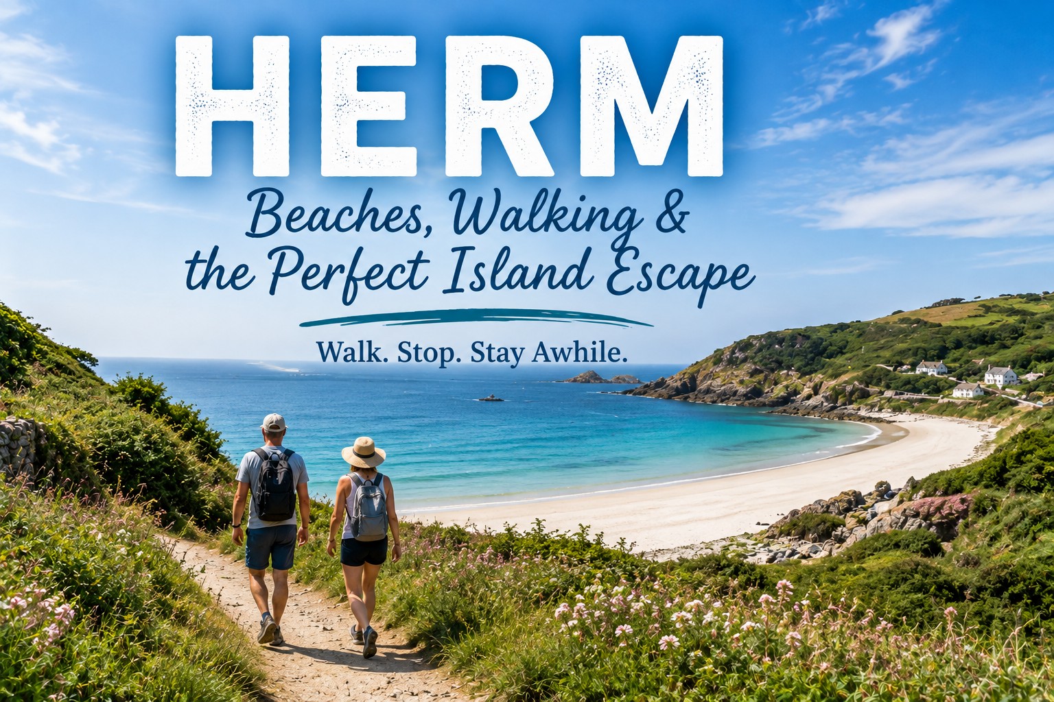 Couple walking along a coastal path towards a sandy beach on Herm in the Channel Islands
