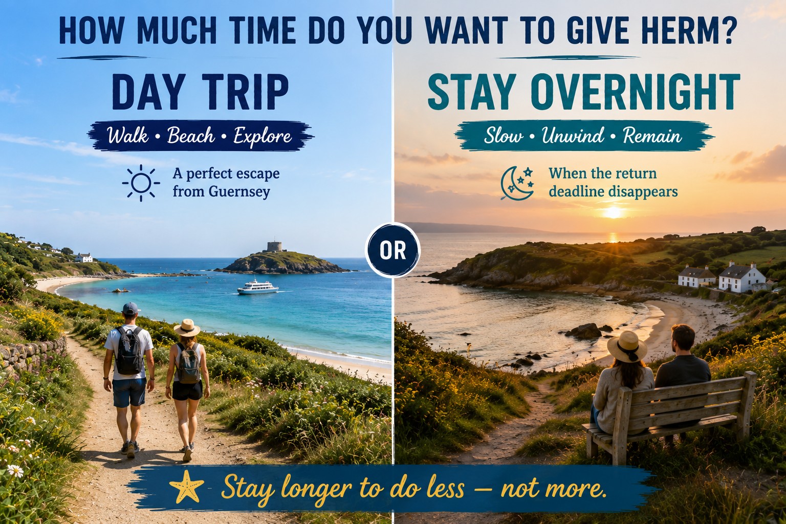 Herm day trip and overnight comparison showing walkers exploring the coast by day and a couple relaxing beside the sea at sunset