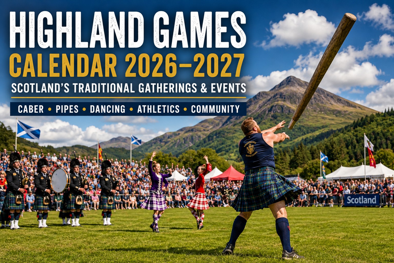 Highland Games in Scotland with an athlete tossing the caber, pipers, Highland dancers, spectators and mountains during a traditional summer gathering.