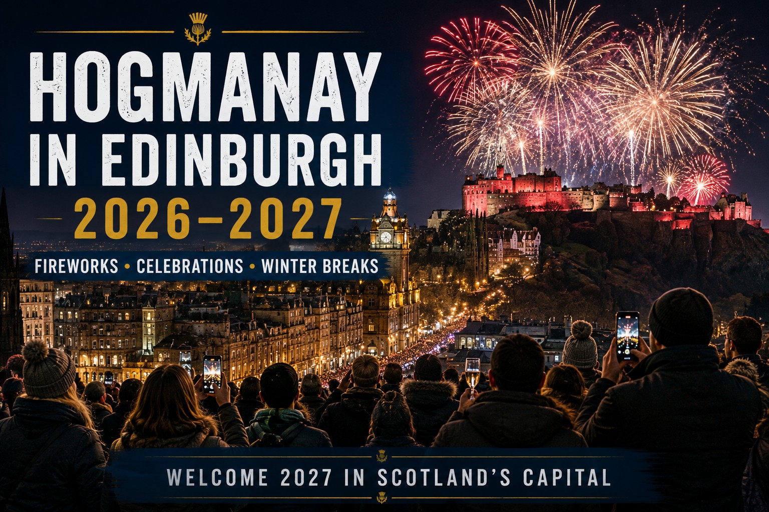 Edinburgh Hogmanay fireworks over Edinburgh Castle and the historic city skyline as crowds celebrate New Year 2026–2027.
