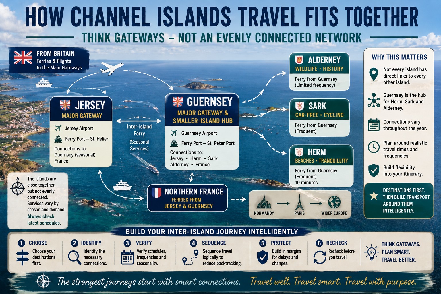 Channel Islands transport network showing Jersey and Guernsey as main gateways with onward connections to Herm, Sark, Alderney, Britain and Northern France