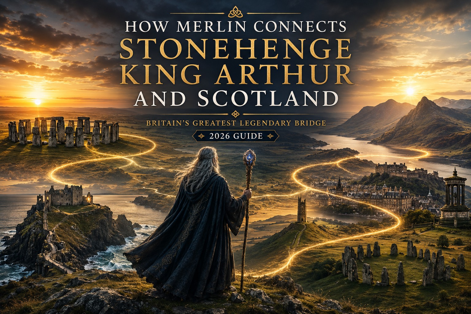 A cinematic panoramic landscape showing Merlin standing on a high ridge overlooking Britain's legendary landscapes, with glowing routes linking Stonehenge, Tintagel, Glastonbury, Arthurian England and Scotland to illustrate how one legendary figure connects Britain's archaeology, literature and regional folklore.