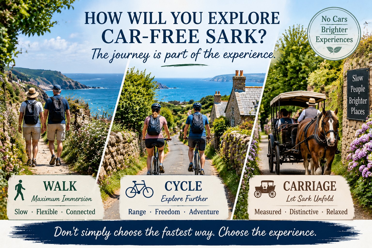 Walking, cycling and horse-drawn carriage options for exploring Sark’s car-free lanes and coastal countryside